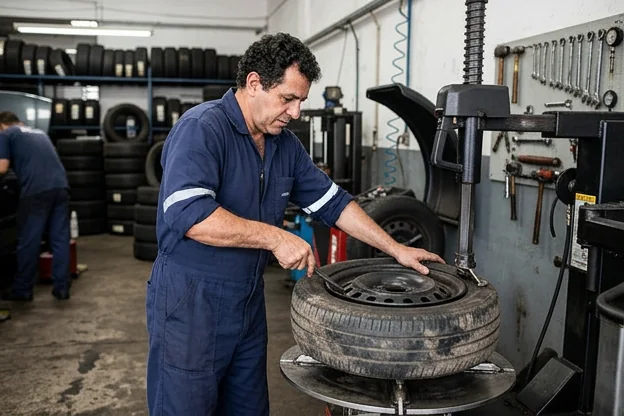 Especialista demonstrando o passo a passo da troca de pneus.