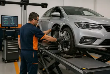 Veículo em processo de alinhamento de rodas com equipamento especializado.