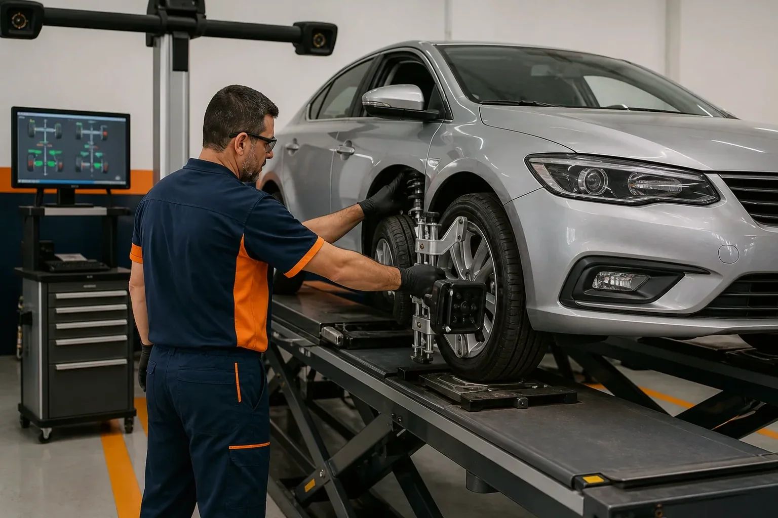 Veículo em processo de alinhamento de rodas com equipamento especializado.